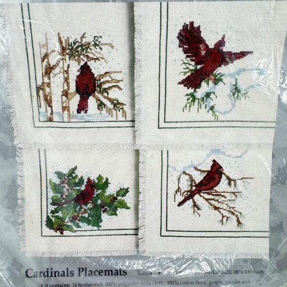 Christmas Placemats Counted Cross Stitch Kit Cardinals Birds Holiday Decor - Picture 1 of 4